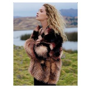 Free People Scarlet Faux Fur Jacket in Red Multi. Size Small.